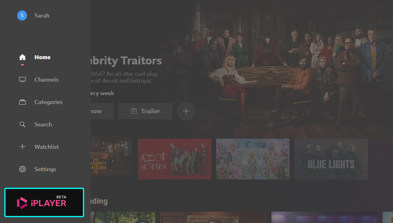 Image showing the left-hand menu on on the iPlayer TV app. The logo with 'Beta' written next to it is highlighted