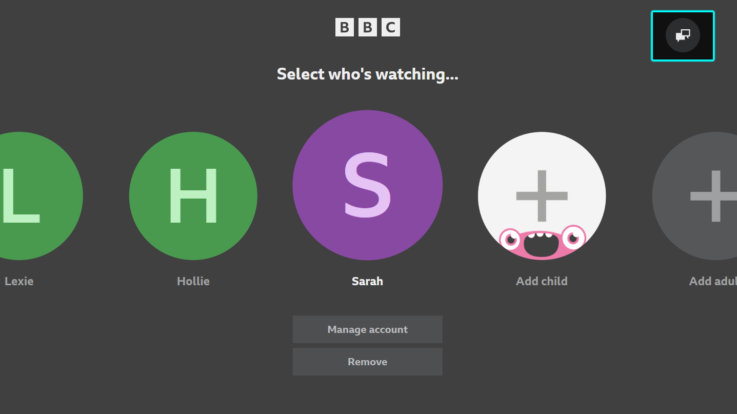 Image of the opening page of the TV app. The speech bubble icon on the top right is highlighted