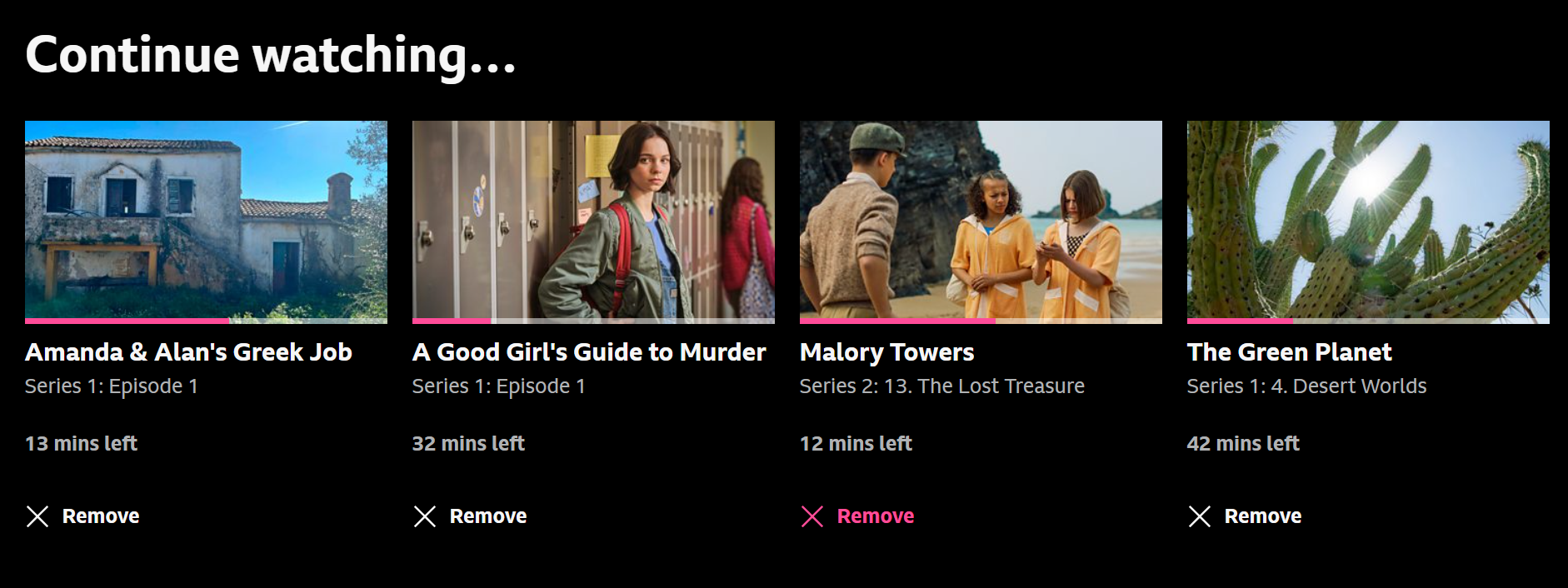 Image showing the Continue watching list on the iPlayer website. The 'Remove' option is highlighted under one of the programmes