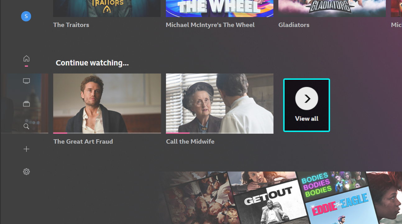 Image of the iPlayer homepage at the Continue watching section. The 'View all' button is highlighted