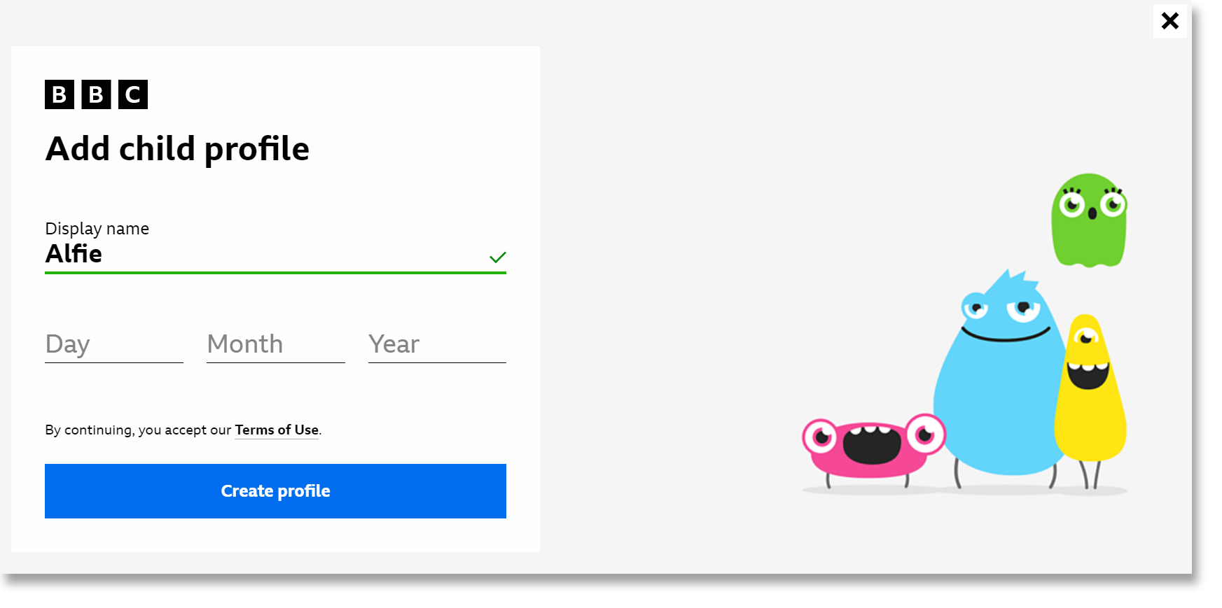 Screenshot of the Child Profile registration page on the website