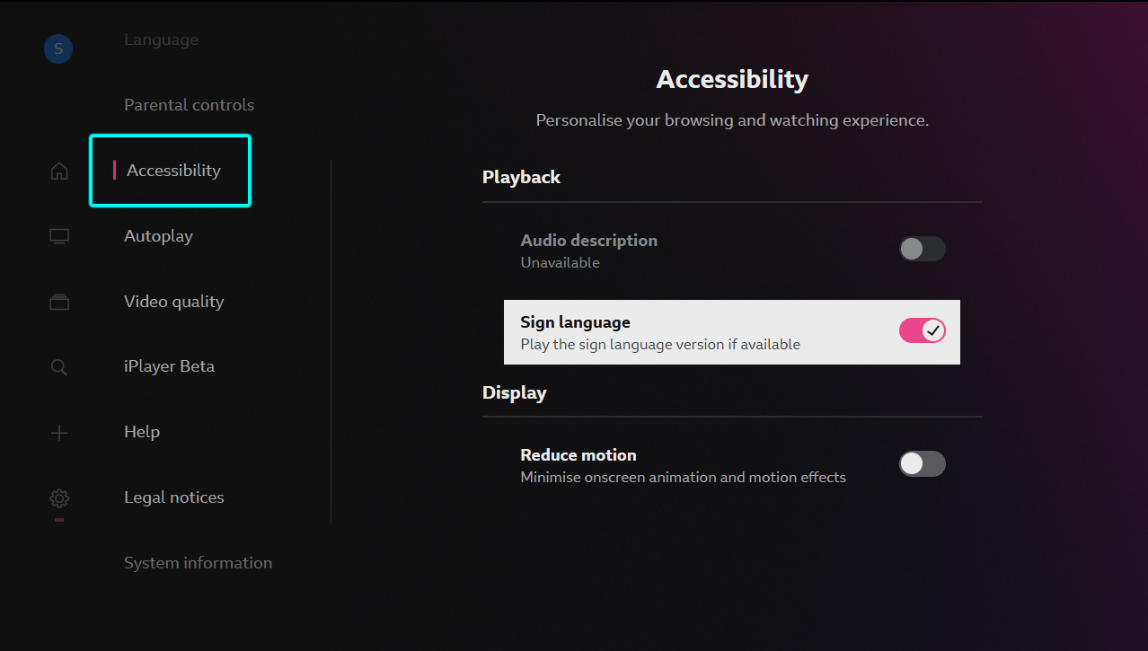 Image of the Accessibility screen on the TV app. The Sign Language option is highlighted and selected meaning that if a programme is available with sign language, it will play automatically