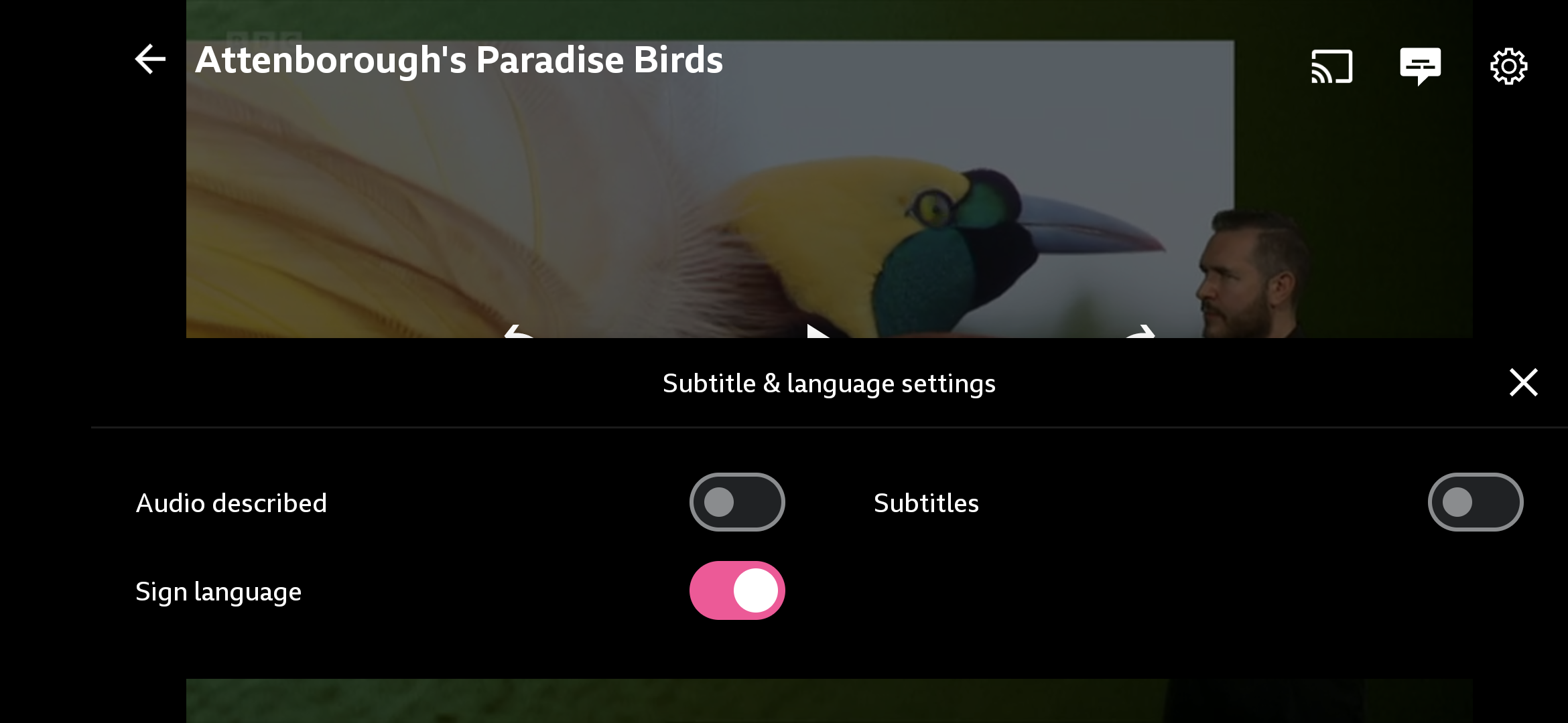 Screenshot of the playback screen on the iPlayer app. The accessibility options are visible