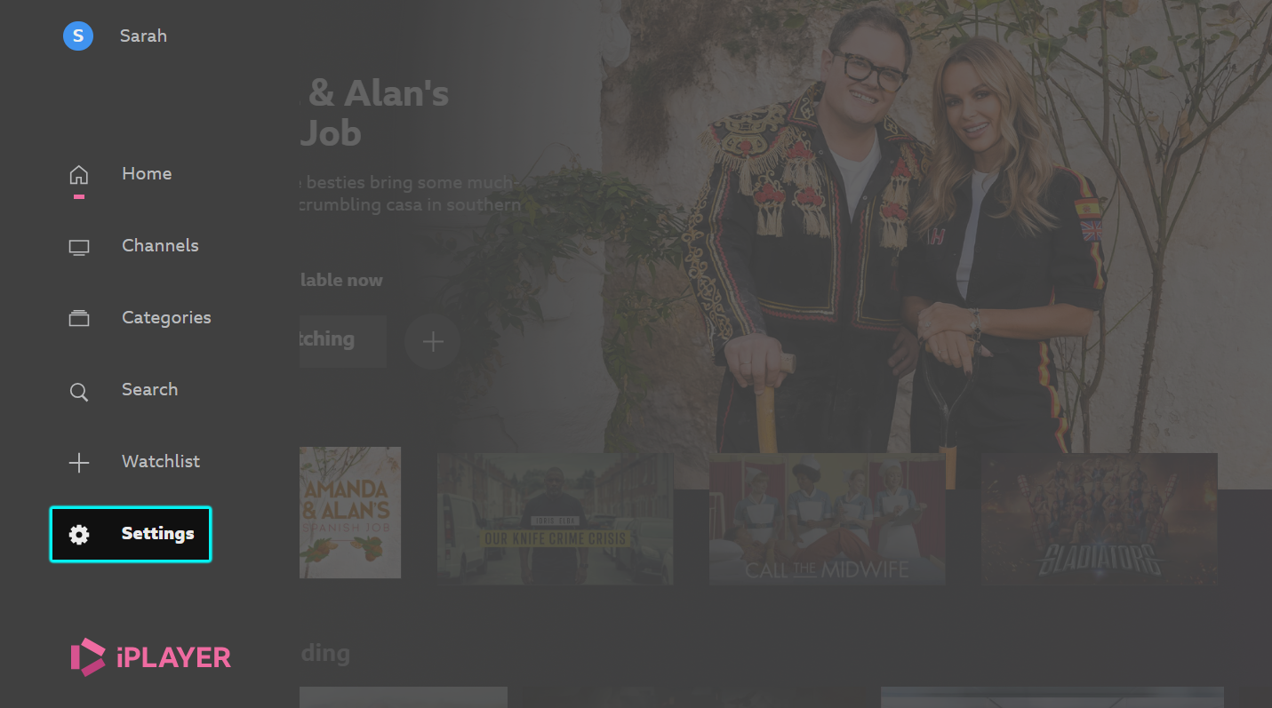 Image of the BBC iPlayer TV app homepage with the Settings option highlighted on the bottom left