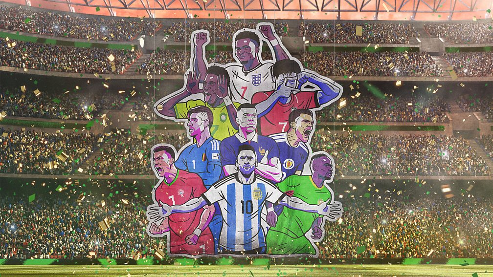 Promotional image for the FIFA World Cup showing an illustration of multiple footballers against a backdrop of a busy football stadium