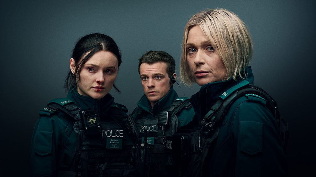 Promotional image for Blue Lights featuring three police officers looking serious against a dark backdrop