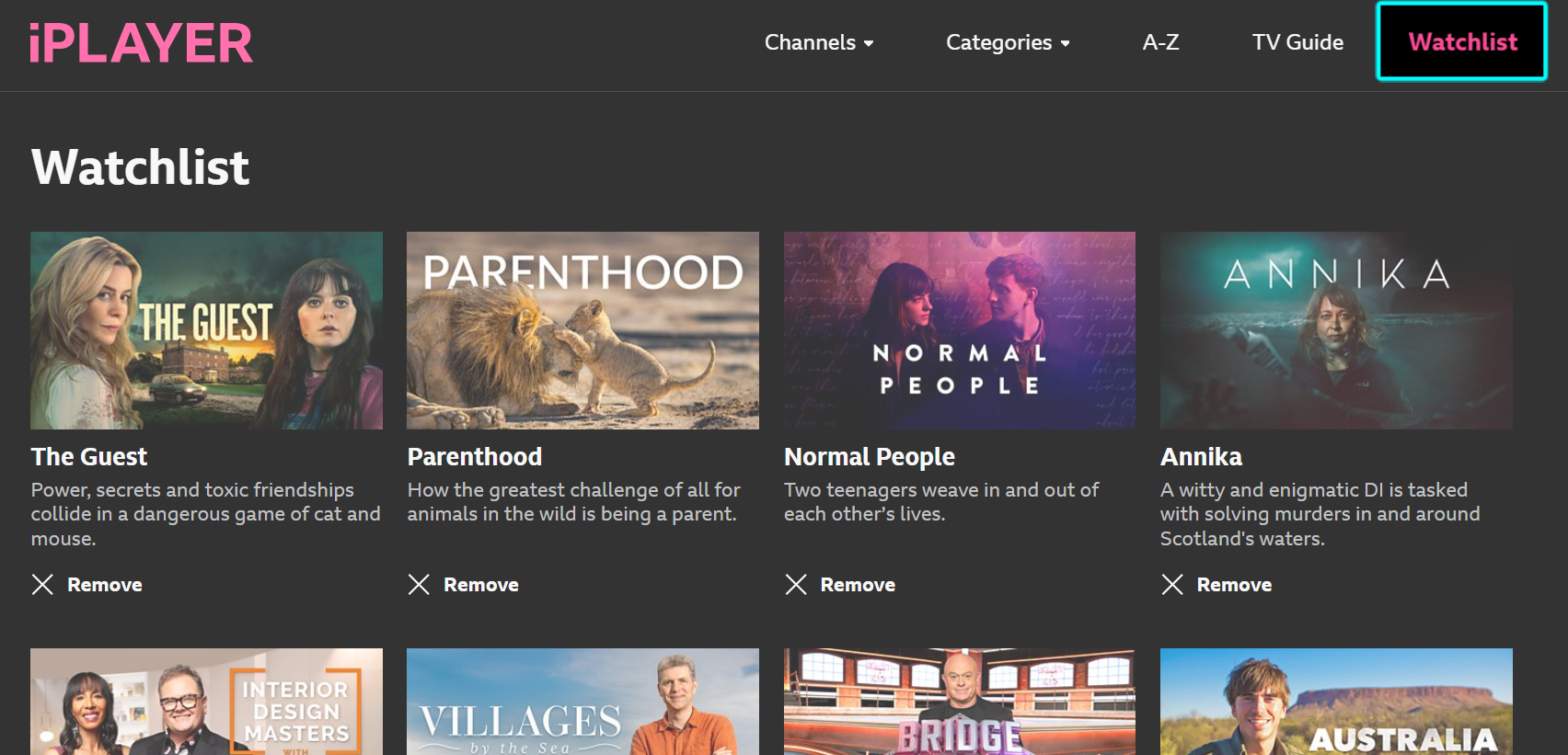Image of the Watchlist on the BBC iPlayer website. The 'Watchlist' menu item is highlighted on the top right