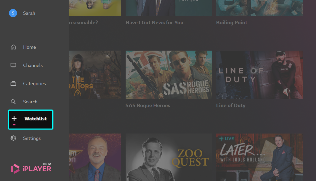 Image of the Watchlist on the BBC iPlayer TV app. The 'Watchlist' button is highlighted in the left-hand menu