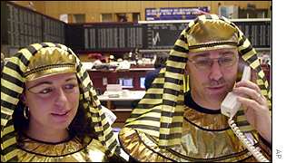 Frankfurt trader dressing up for the carnival, 12 February 2002