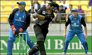 Stephen Fleming of New Zealnd hits out on the way to an innings of 40