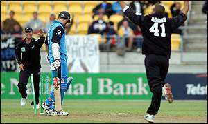 England's Nick Knight is bowled by Andre Adams of New Zealand