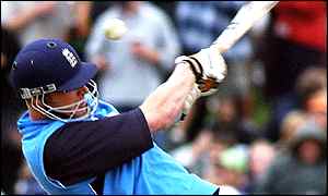 Matthew Hoggard celebrates with team-mates after one of his two wickets 