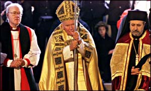 The Archbishop of Canterbury, the Pope, and Metropolitan Athanasios praying together in Jan 2000 