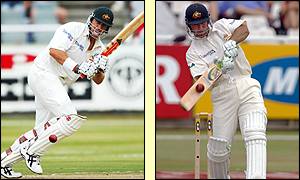 Matthew Hayden plays the ball of his pads while Ricky Ponting slogs a six