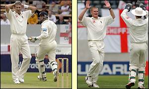 Matt Horne makes 14 runs before becoming Hoggard's second wicket of the innings