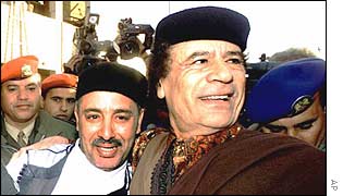 Lockerbie co-accused Al Amin Khalifa Fhimah celebrated his acquittal with Libyan leader Colonel Muammar Muhammad al-Gaddafi 