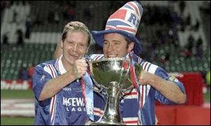 Gascoigne celebrates winning the 1996 Scottish League Cup final with team-mate Ally McCoist