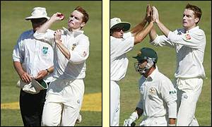 David Terbrugge claims the wicket of Justin Langer
