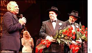 Mel Brooks joined Lane (centre) and Broderick (right) on stage