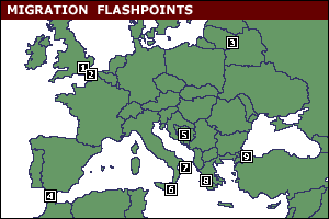 Map of Europe showing migration flashpoints