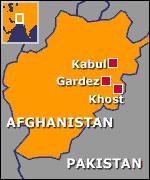 Map of Afghanistan showing, Kabul, Gardez and Khost