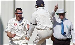 Ashley Giles celebrates one of his four Kiwi scalps