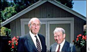Bill Hewlett and David Packard, and the garage in which they founded HP