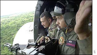 Venezuelan soldiers use helicopters to patrol the border with Colombia
