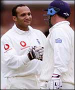 Butcher is congratulated by Graham Thorpe