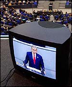 President Bush appears on TV as he addresses the Bundestag