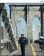 Police patrol on Brooklyn Bridge