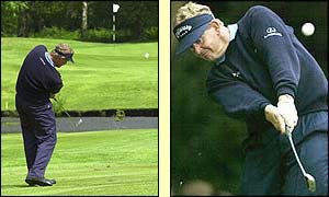 Colin Montgomerie chips onto the green at the eight (left) and tees off at the second (right)