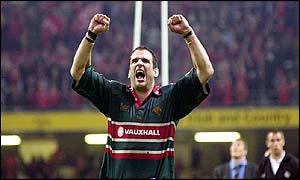 Martin Johnson celebrates the Tigers' European Cup glory