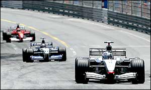 David Coulthard leads Juan Pablo Montoya and Michael Schumacher