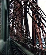 Train going over bridge