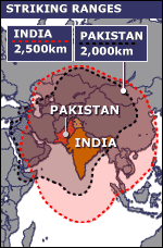 Map showing range of India's and Pakistan's nuclear weapons