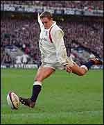 England fly-half Jonny Wilkinson lands a penalty against Italy
