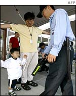 A father and son being checked in South Korean