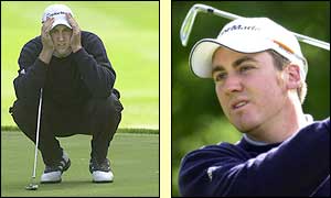 Poulter watching his putt on the 16th and teeing off at the 17th
