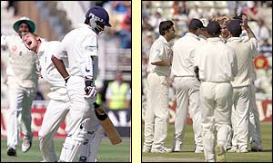 Matthew Hoggard of England celebrates getting the wicket of Mahela Jayawardene of Sri Lanka