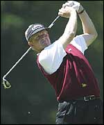 Colin Montgomerie drives off at the third hole at Woburn