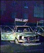 Burned out car after 1998 Strasbourg unrest