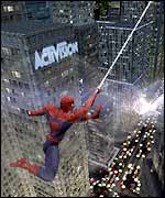 Spiderman takes on a supervillain in mid-air