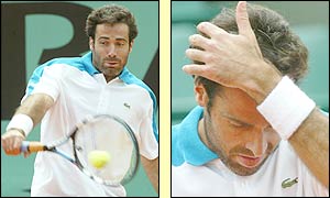 Corretja scratches his head as his compatriot gets the better of him