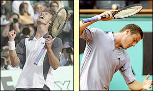 Ferrero is jubilant after his victory (left) but Safin's temper finally frays and he slams his racket down