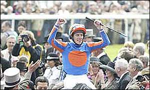 Johnny Murtagh on High Chaparral after their victory in the Vodafone Derby Stakes