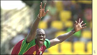 Cameron Cuffy appeals during the West Indies win over New Zealand 
