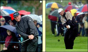 Clarke and Jacquelin both chip on to the ninth green with Clarke turning for home with a two shot lead