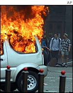 a car set alight in Moscow