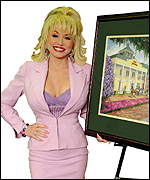 Dolly Parton alongside a rendering of her new Dixie Stampede restaurant soon to be built in Orlando
